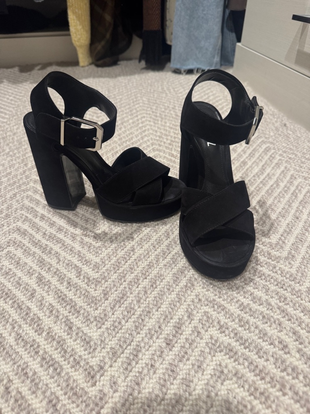 SCHUTZ Black Suede Platform Block Heel Sandals